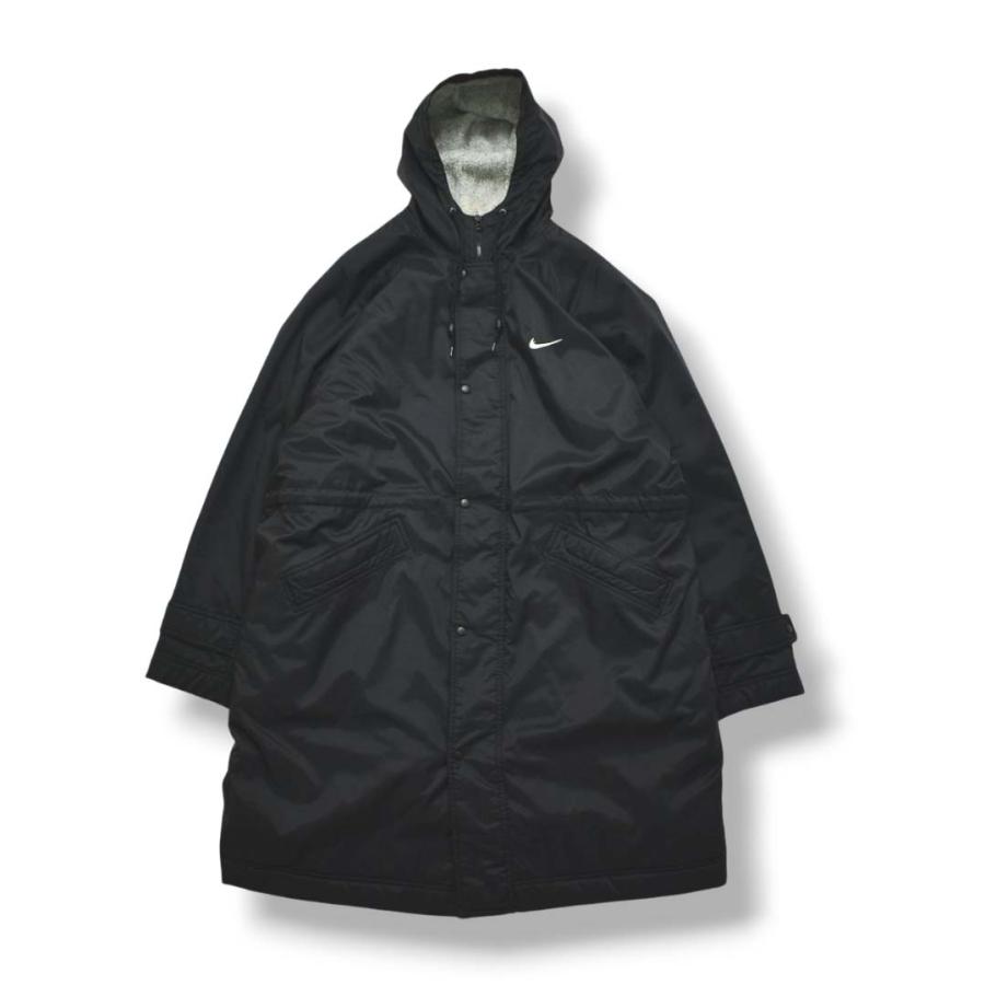 90s ヴィンテージ 黒タグ ナイキ NIKE ベンチ コート ナイロン ロング ジャンパー ラグランスリーブ 裏地 中綿 キルティング ボア フリース XXL ブラック メンズ_2
