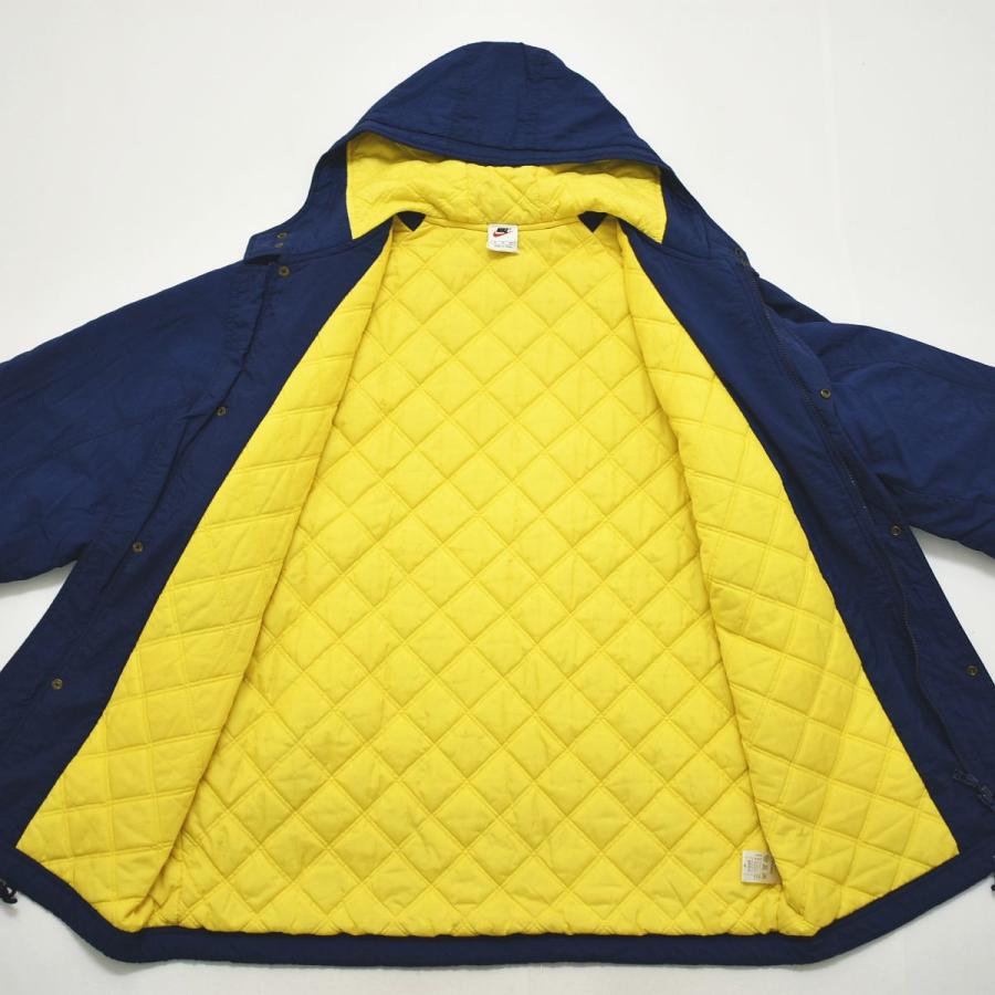 90s ヴィンテージ 銀タグ ナイキ NIKE ナイロン ベンチ コート パーカー ウィンドブレーカー ジャンパー 裏地 中綿 キルティング スウッシュロゴ M 紺x黄 メンズ_4