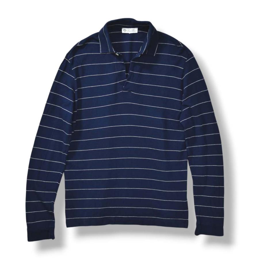 イタリア製 ロロピアーナ Loro Piana 長袖 スキッパーカラー ボーダー ポロシャツ カノコ トップス キレイめ カジュアル S ネイビー メンズ