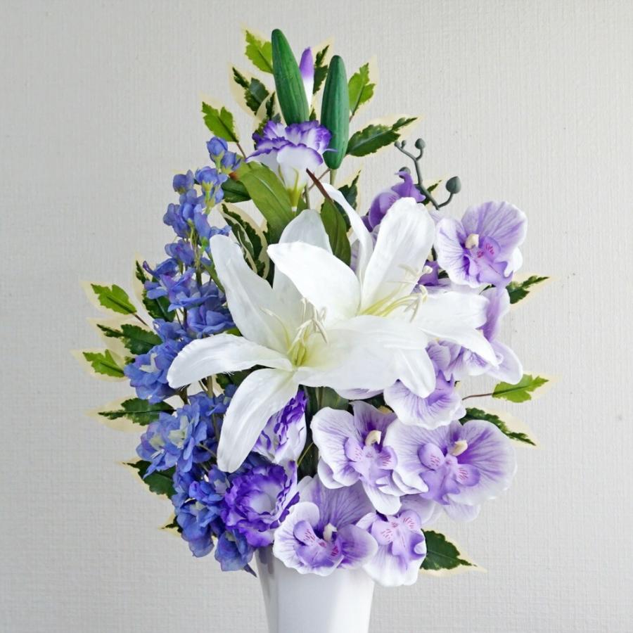 お墓用造花仏花　全長56cm. 一対　新品未使用リアル供花　仏壇前でもNo224 仏花 造花 プレミアム 一対 ホワイトパープルの供花 お墓用 仏壇 お盆