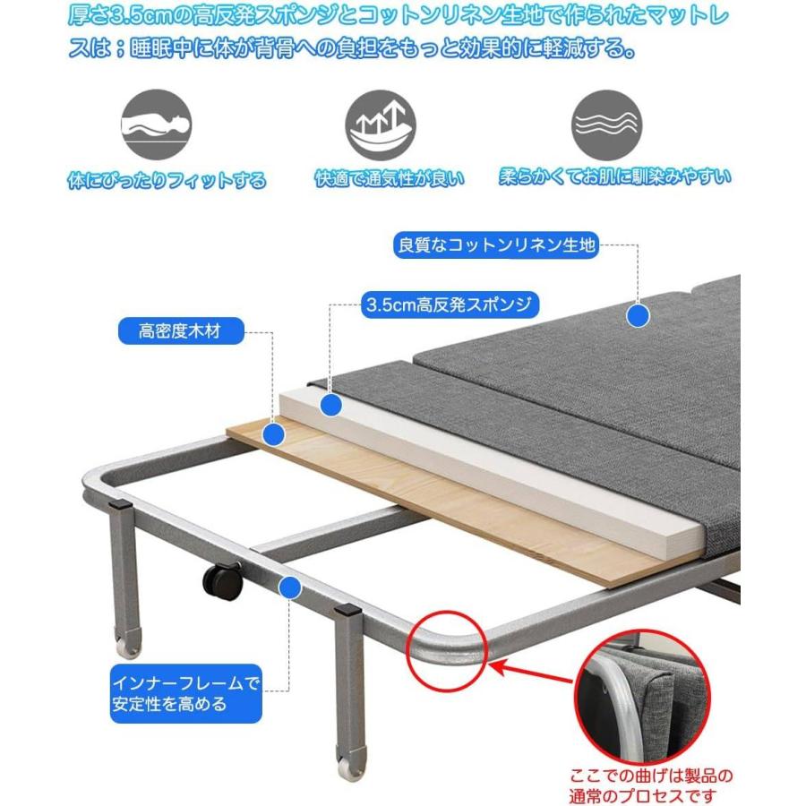 折りたたみベッド 簡易ベッド シングルベッド 折り畳み 組立不要 マットレス付 ワンルーム 仮眠 簡単収納 耐荷重200kg グレー 幅80cm｜repros｜04