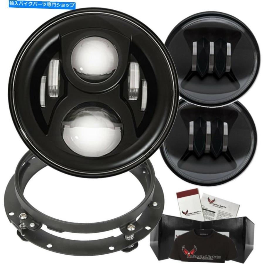 ヘッドライト イーグルライト7 \"ラウンド世代2 LEDヘッドライトとフォグライトキット＆ブラックリング* Eagle Lights 7\" Round Generation 2 LED Head