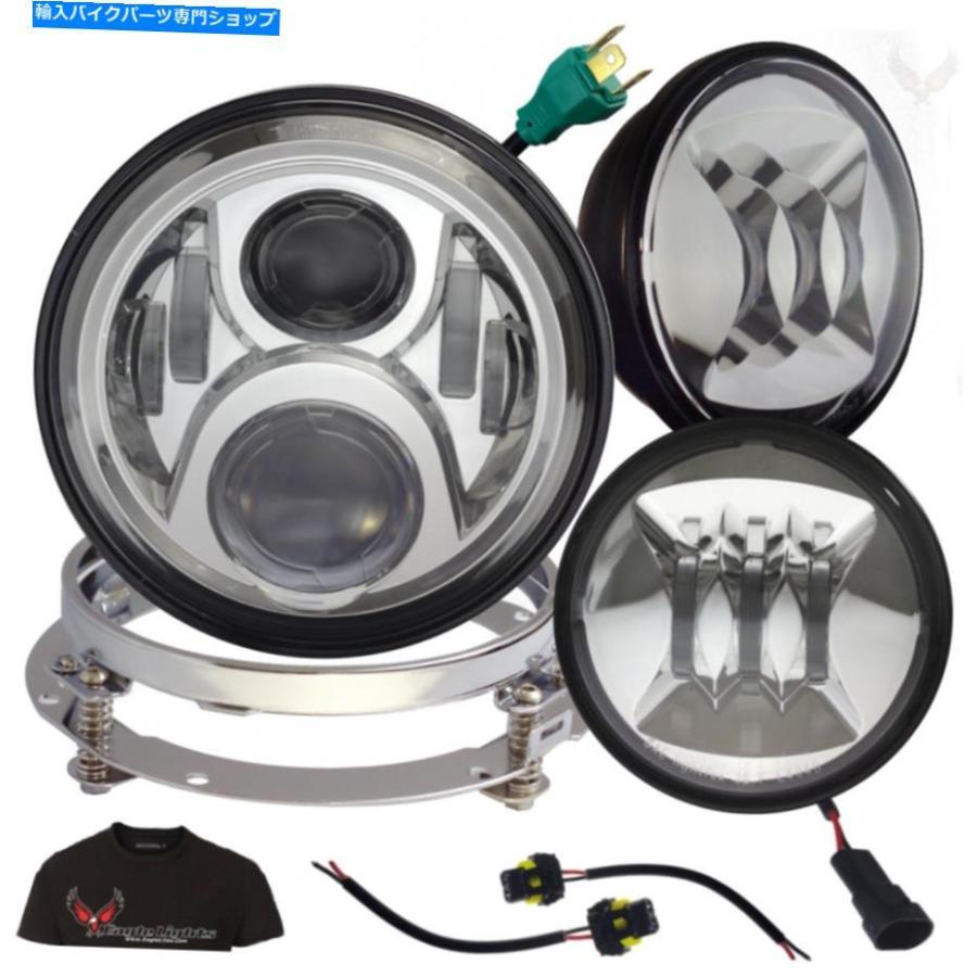 クロームパーツ イーグルライトクロームGEN 2 7 \"LEDヘッドライトキットw /フォグランプとアダプターリング Eagle Lights Chrome Gen 2 7\" LED Headli