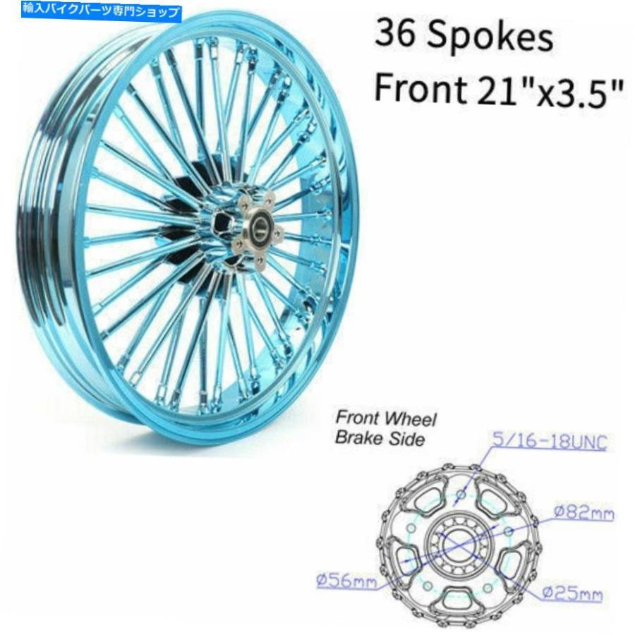 クロームパーツ 21 \"x3.5\""洗練されたFatboy Dynaのための青い二重ディスクの前のチューブレスホイール脂肪スポーク 21\""x3.5\"" Blue Dual Disc Front Tu"