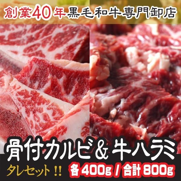 お中元 ハラミ カルビ 肉 ホルモン セット 厳選骨付きカルビ 400ｇ と 特選ハラミ 400ｇ 計800g タレセット付 送料無料【骨カル×ハラミ】｜rerl