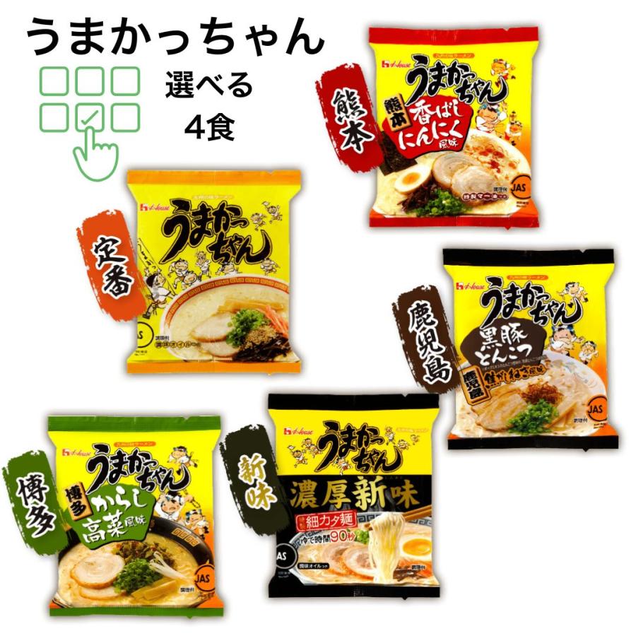 うまかっちゃん 濃厚新味 高菜 焦がしにんにく 黒豚 5種 選べる4食 袋麺 詰め合わせ 豚骨ラーメン 九州限定 仕送り 常温 ギフト お試し 食品（Yahoo!・RCL）