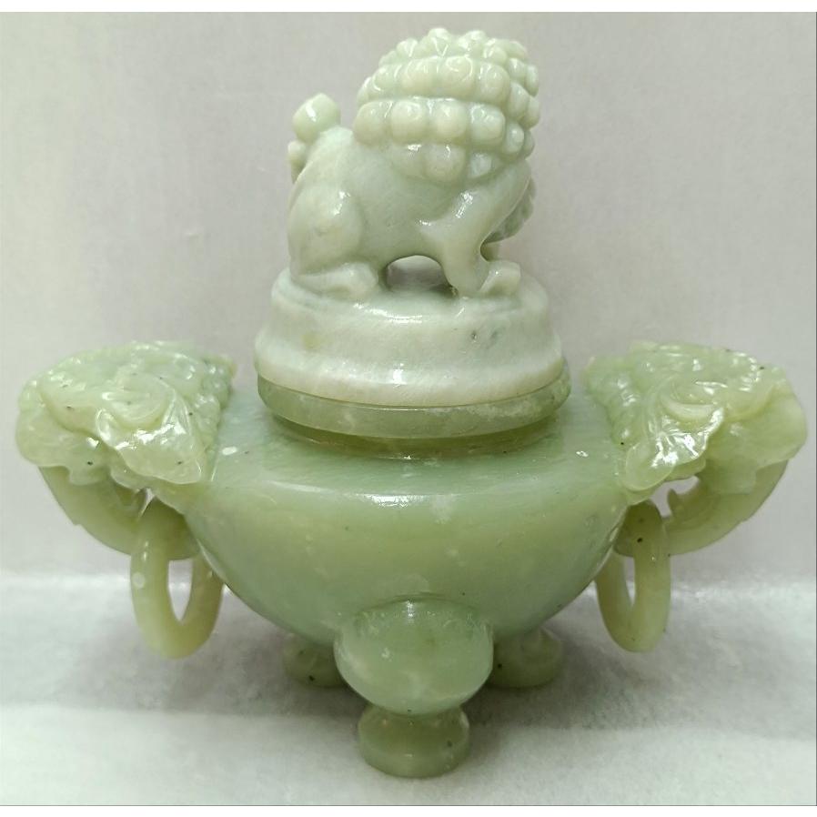 中国古玩 玉製 翡翠 獅子彫刻三つ足香炉 唐木台付 : rc-it9t6qm1dpi6