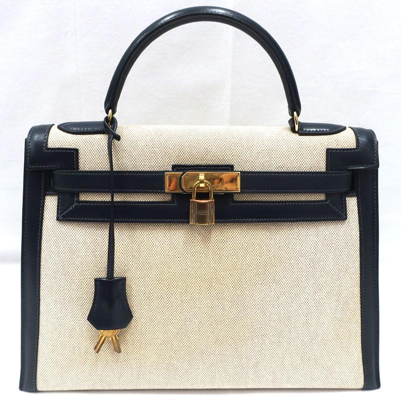 Kelly 【美品】HERMES／エルメス ケリー32 ボックスカーフ ネイビー 〇 