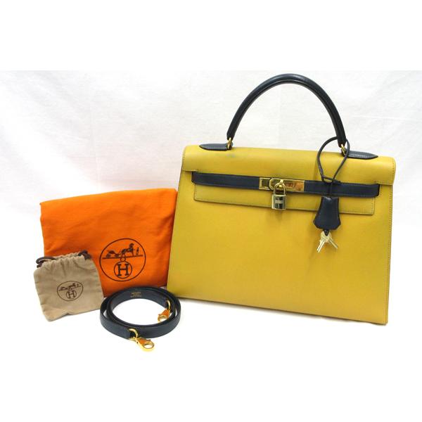 HERMES／エルメス ケリー32 クシュベル ジョーヌ/ネイビー 〇Z刻印 ショルダーバッグ 700030081の画像
