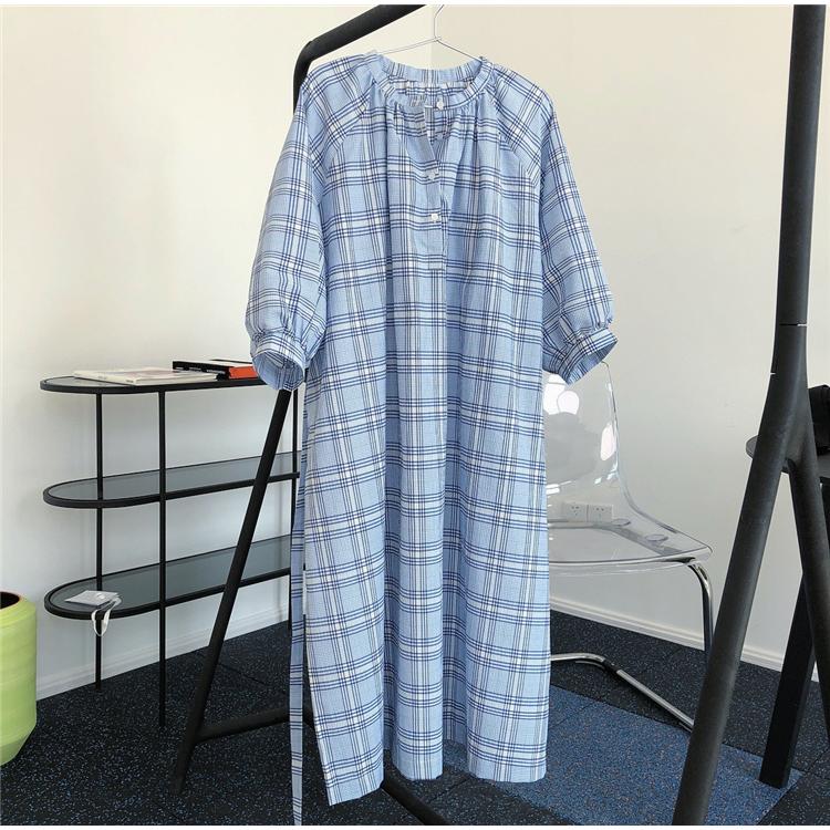 高い素材 送料無料 チェックワンピース レディース ファッションランタンスリーブ チュニック 50代 40代 春 ロングワンピース 2色 七分袖 チェックシャツ 夏 現金特価 Www Ladislexia Net