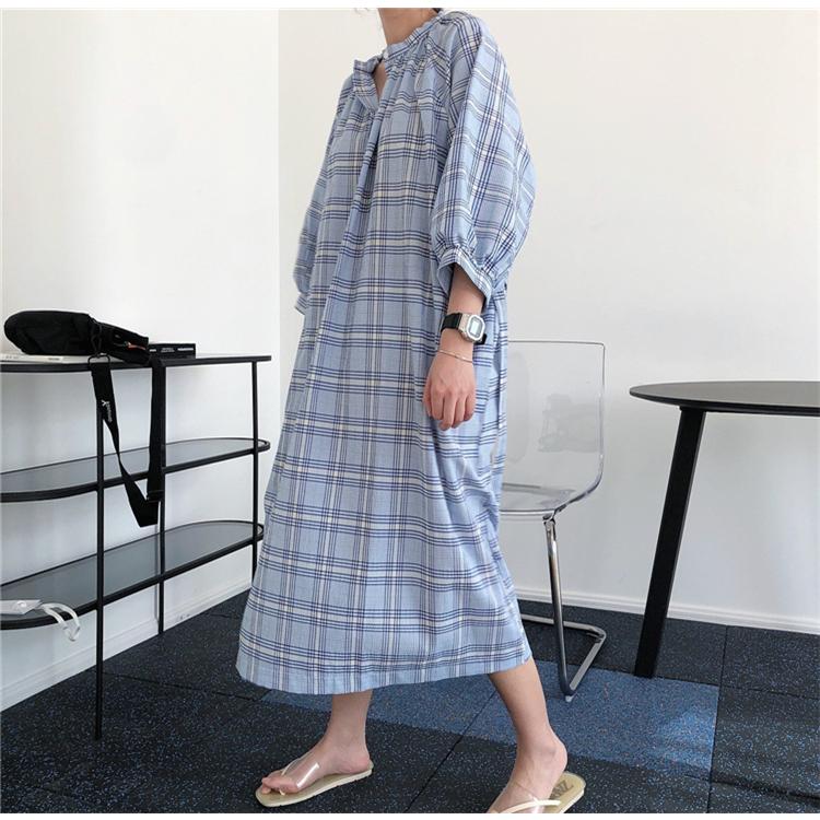 高い素材 送料無料 チェックワンピース レディース ファッションランタンスリーブ チュニック 50代 40代 春 ロングワンピース 2色 七分袖 チェックシャツ 夏 現金特価 Www Ladislexia Net