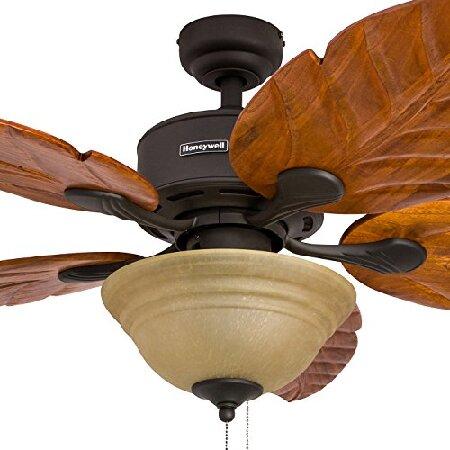 日本に Honeywell Ceiling Fans Royal Palm， 52 Inch Tropical LED Ceiling Fan with Light， Pull Chain， Three Mounting Options， Hand Carved Solid Wood Blades - 50
