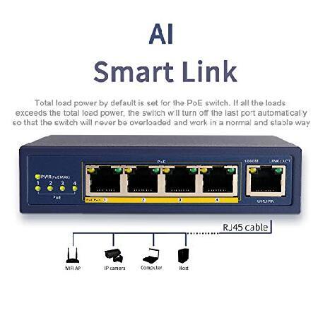 Huacomm 5 ポート ギガビット PoE + スイッチ、4 ポート PoE 65W