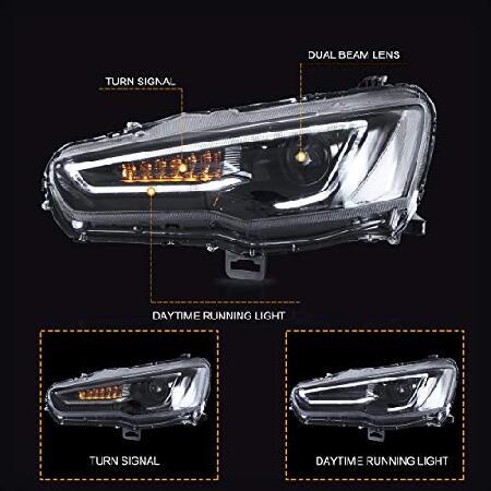 VLAND ヘッドライトアセンブリ 三菱ランサー＆EVO X 2008-2020 W/DRL LEDフロントライト シーケンシャルウィンカー付き プラグアンドプレイヘッドランプ ブラッの画像