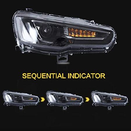 VLAND ヘッドライトアセンブリ 三菱ランサー＆EVO X 2008-2020 W/DRL LEDフロントライト シーケンシャルウィンカー付き プラグアンドプレイヘッドランプ ブラッの画像