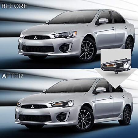 VLAND ヘッドライトアセンブリ 三菱ランサー＆EVO X 2008-2020 W/DRL LEDフロントライト シーケンシャルウィンカー付き プラグアンドプレイヘッドランプ ブラッの画像