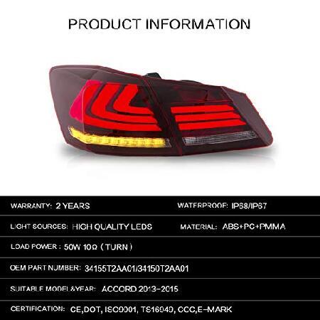 VLAND テールライトアセンブリ 2013 2014 2015ホンダアコード テイルランプアセンブリ シーケンシャルウィンカー フルLED プラグアンドプレイ レッドの画像
