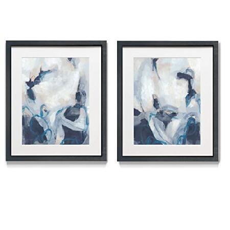 Renditi0ns Gallery Blue Pr0cess 2 Piece Framed Artw0rk Set, Navy ＆ White Shapes ＆ Lines, C0ntemp0rary Abstract Art, Black Matte Frame, White Mat, Pl