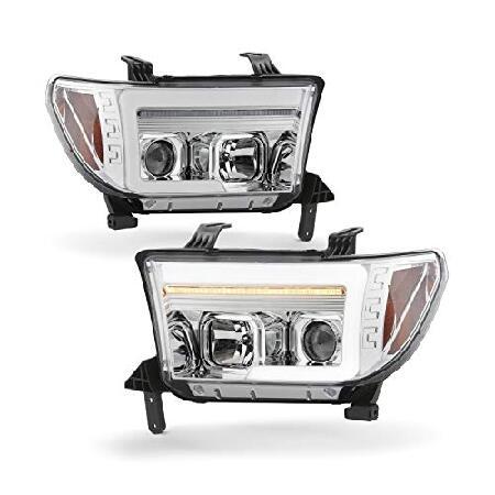 AKKON - Fits 2011-2013 Toyota Sequoia 10-13 Tundra Projector Chrome Headlights w/LED Sequential Signal + Tube DRL Running Pairの画像