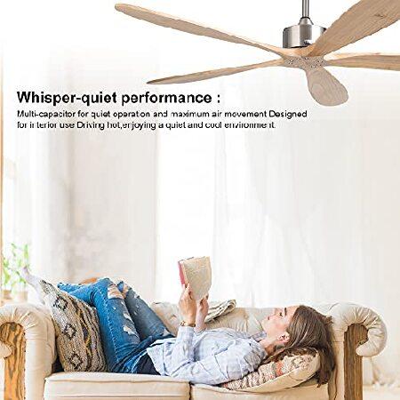 【海外 正規品】 reiga 60 inch DC Ceiling Fan No Light with 2 Downrods， 5 Reversible Carved Natural Wood Blades， Modern Large Ceiling Fans with Remote for Patios， Livi