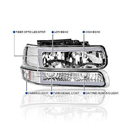SPEC-D TUNING LED Bar Chrome Housing Clear Lens Headlights + Bumper Lights 4PC Compatible with 1999-2002 Chevy Silverado 2000-2006 Tahoe Suburban Left_2