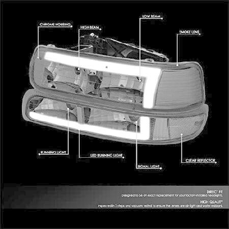 DNA MOTORING 4-HL-SILV99-DRL-SM-CL Pair of 3D LED L Running Lights Headlights ＆ Bumper Lights Compatible with 99-02 Silverado 1500 2500,Black/Clearの画像