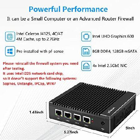 VNOPN Micro Firewall Appliance, 4 Intel 2.5GbE i225 LAN Ports Fanless Mini PC, Network Gateway Soft Router PC, Mini Computer Intel J4125 Quad Core, Su｜rest｜02