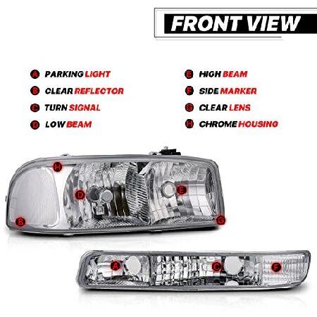 M-AUTO 4PC Chrome OE Style Headlamp Assembly Replacement for 99-07 GMC Sierra 1500/99-04 2500/01-07 1500 HD/2500 HD/3500 HD / 99-06 Yukon / 00-06 Yukoの画像