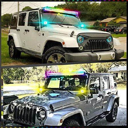 Lpteso RGB LED Light Bar 52'' inch + 2PCS 4 Inch Flood RGB LED Pods with 16 Solid Colors Chasing Ring Changing with Strobe Flashing with Upper Windshiの画像