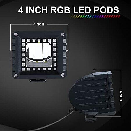 Lpteso RGB LED Light Bar 52'' inch + 2PCS 4 Inch Flood RGB LED Pods with 16 Solid Colors Chasing Ring Changing with Strobe Flashing with Upper Windshiの画像