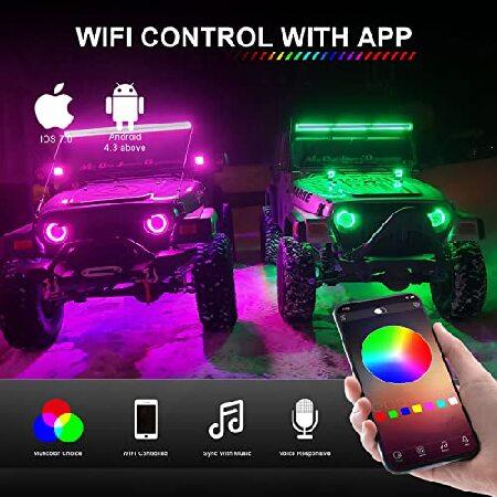 Lpteso RGB LED Light Bar 52'' inch + 2PCS 4 Inch Flood RGB LED Pods with 16 Solid Colors Chasing Ring Changing with Strobe Flashing with Upper Windshiの画像