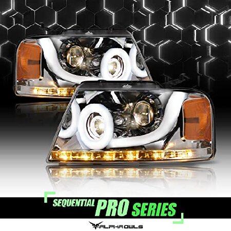 Alpha Owls 8711507 Projector Headlights With White LED Halo Light Bar ＆ Yellow Sequential LED Signal Lamps - Chrome Amber Fits 2004-2008 Ford F150 /の画像
