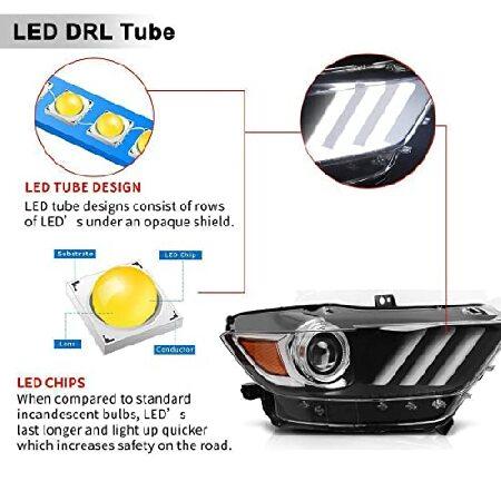 ROXX Headlights Assembly Fits for 2015 2016 2017 Ford Mustang DRL LED Tube Projector Black Headlight Driver Left Side Replacementの画像