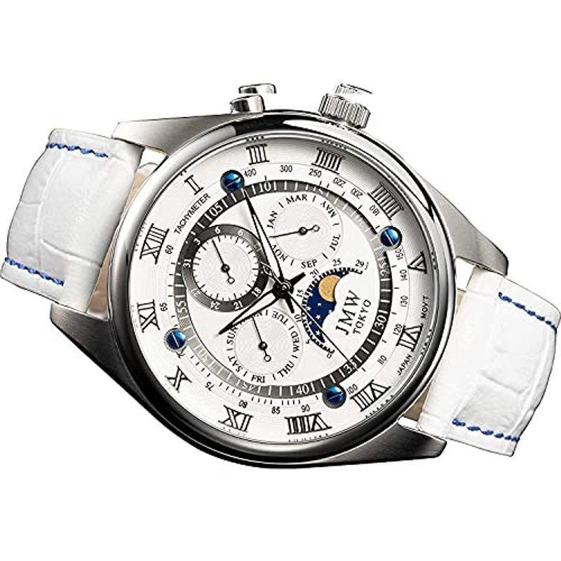 ベストセラー JMW TOKYO腕時計 メンズ ホワイト&シルバー上級「ムーンフェイズ 」本革 ベルト ローマ数字 インデックス 100m 防水 タキメー 腕時計