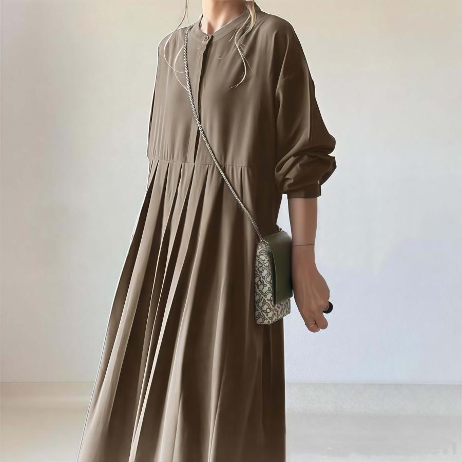 レディース 春 秋 ワンピース 長袖 ギャザー切り替えロングワンピース