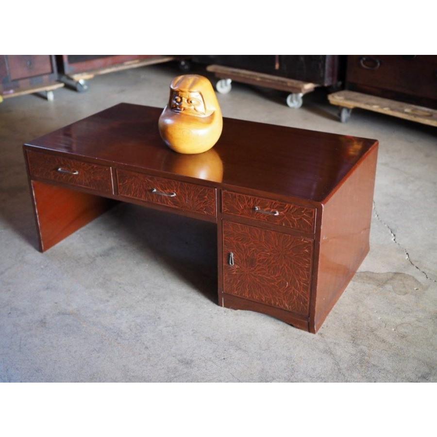 古道具　昭和レトロ　机 日光彫 気密性の良い書斎机 昭和中期 古録展 送料別 Gサイズ 中古 品番