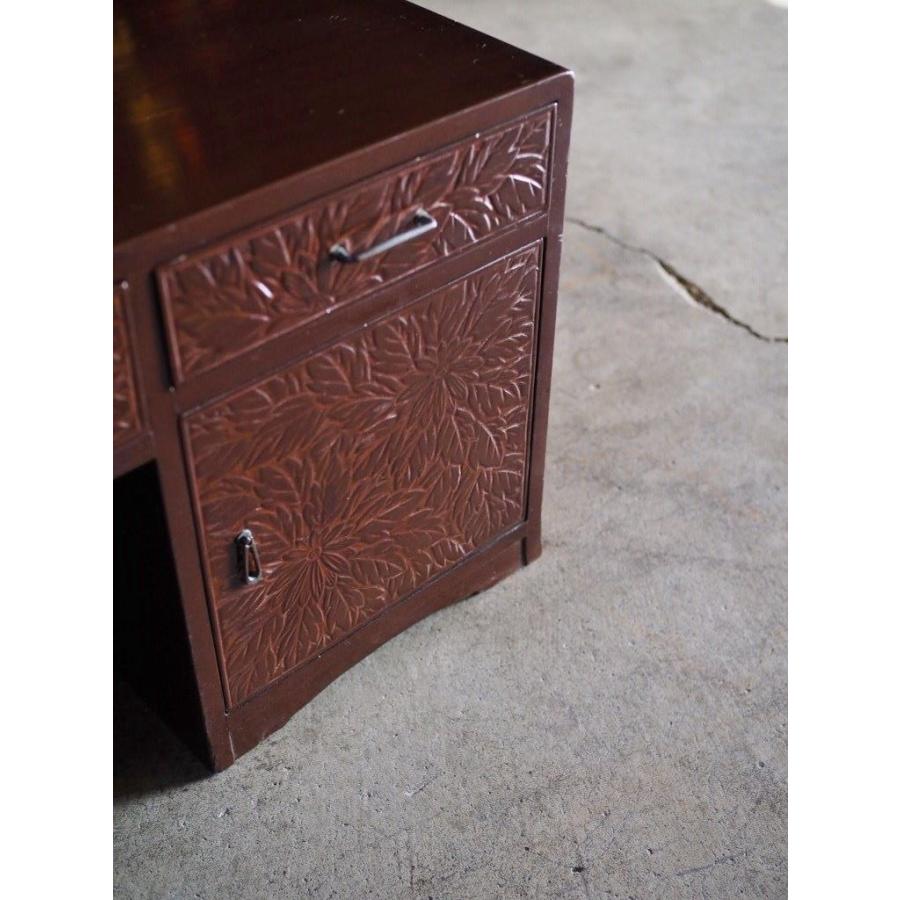 日光彫 気密性の良い書斎机 昭和中期 古録展 送料別 Gサイズ 中古 品番