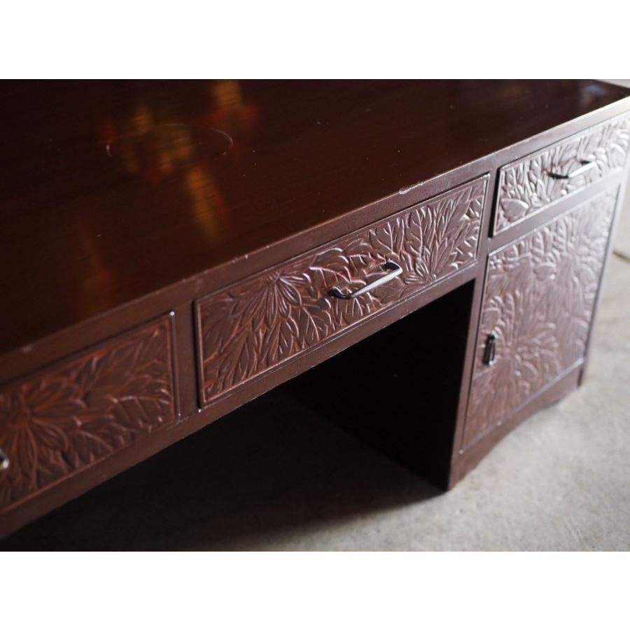 日光彫 気密性の良い書斎机 昭和中期 古録展 送料別 Gサイズ 中古 品番