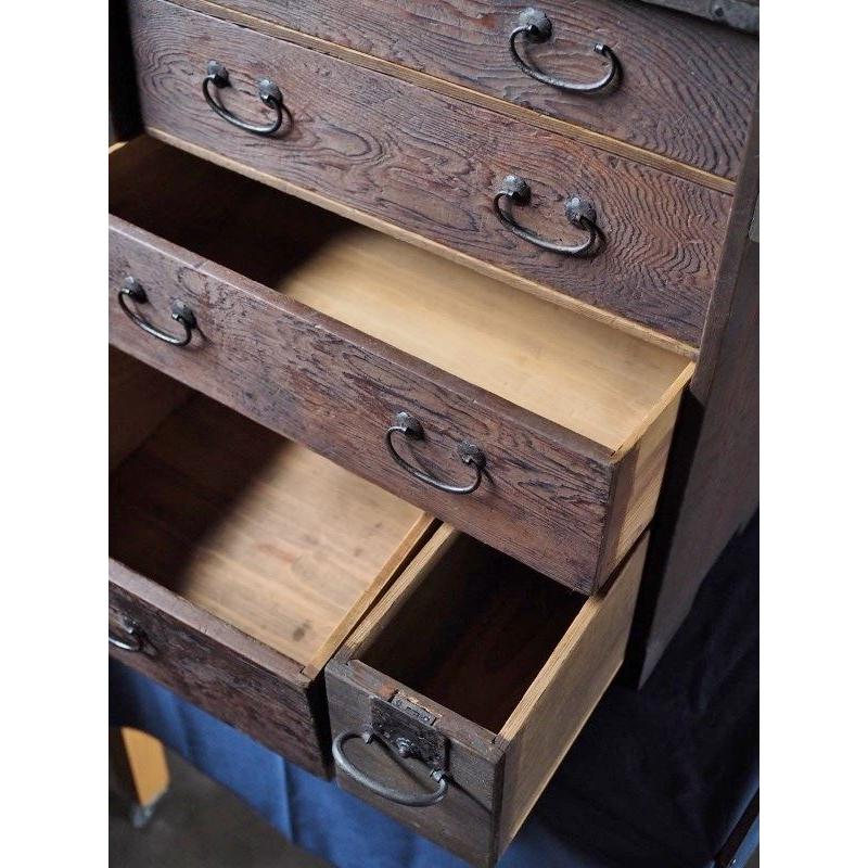 杉杢が見事な堅牢アンティーク小箪笥鍵付 明治時代 古録展 送料別 F