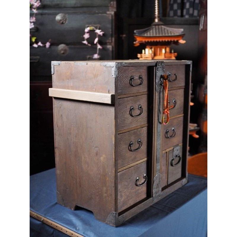 杉杢が見事な堅牢アンティーク小箪笥鍵付 明治時代 古録展 送料別 F