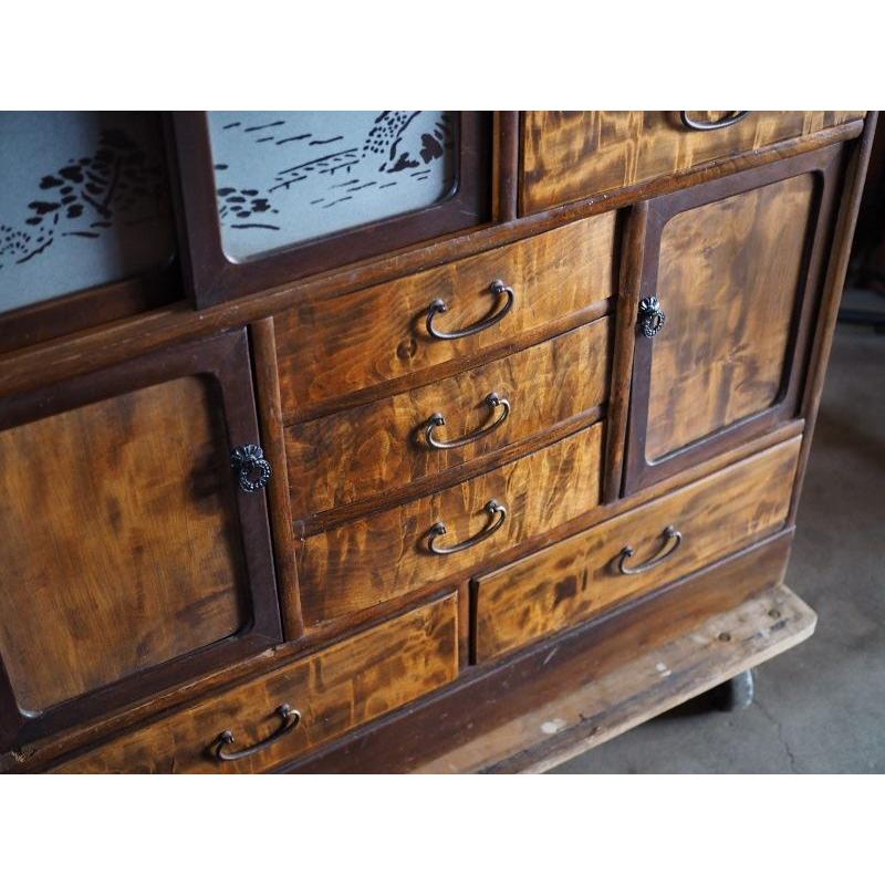 昭和レトロ 美しい杢目の茶箪笥 昭和中期 古録展 送料別 Lサイズ 中古