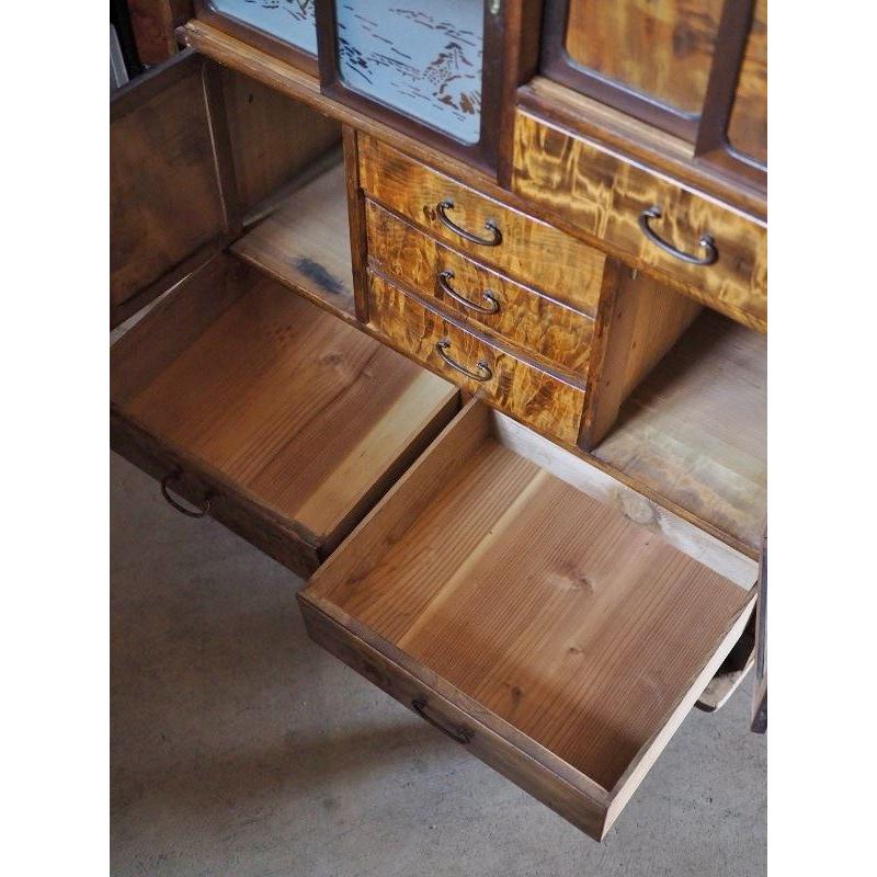 昭和レトロ 美しい杢目の茶箪笥 昭和中期 古録展 送料別 Lサイズ 中古