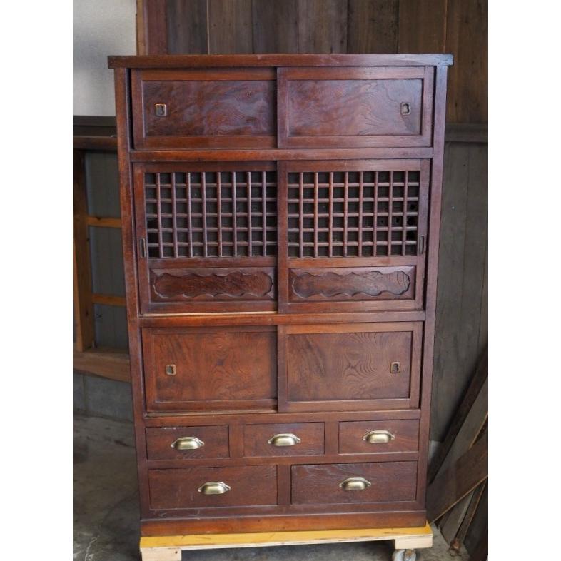 前欅100年モノ水屋箪笥 明治〜大正時代 古録展 送料別 Mサイズ 中古