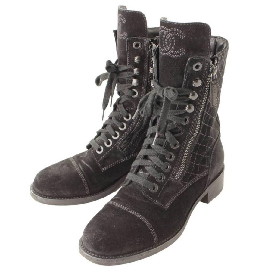 シャネル　黒スエードムートンブーツ キルティングデザイン シャネル CHANEL ムートンブーツ スエード レザー キルティング