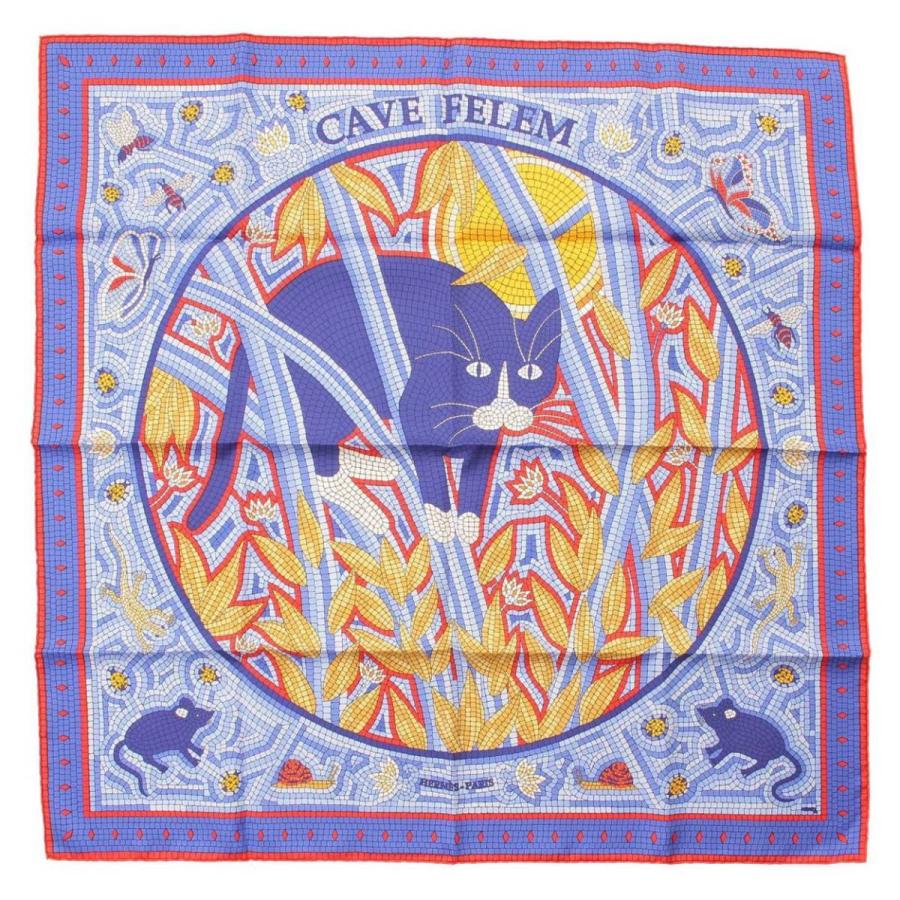 エルメス】Hermes カレ90 シルクスカーフ CAVE FELEM 猫に注意 ブルー 