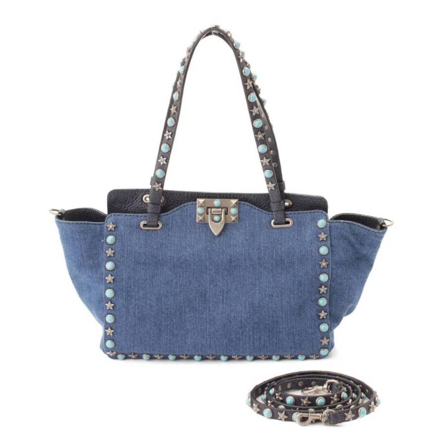 ヴァレンティノ Valentino ロックスタッズ 中古 ターコイズ 2way デニム バッグ トートバッグ レディースファッション ネイビー 中古 正規