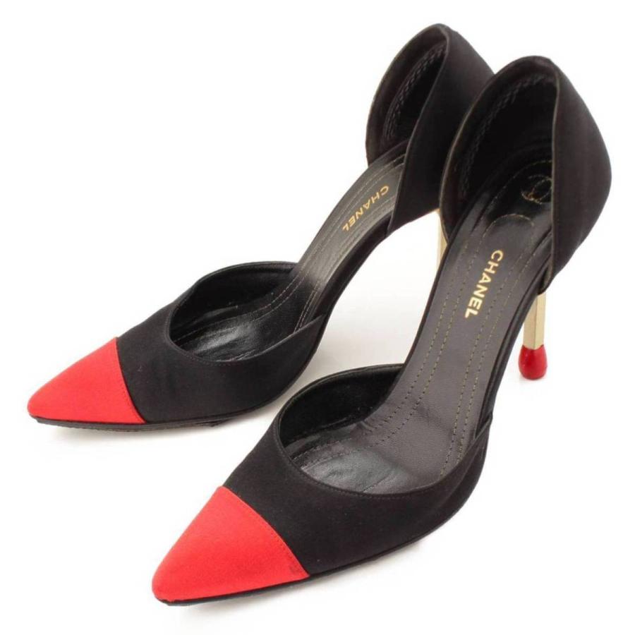 信託 Chanel サテン マッチデザイン ヒールパンプス レッド×ブラック