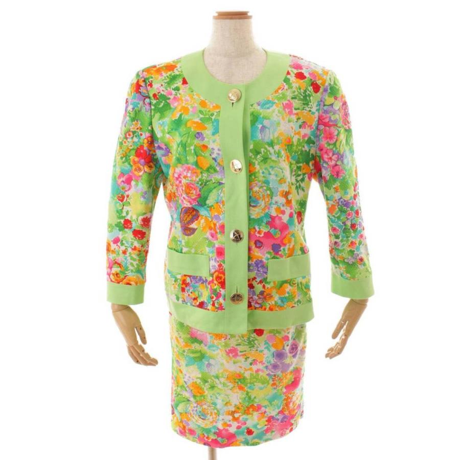 LEONARD 肩パッド付 総花柄 ノーカラー ジャケット スカート  