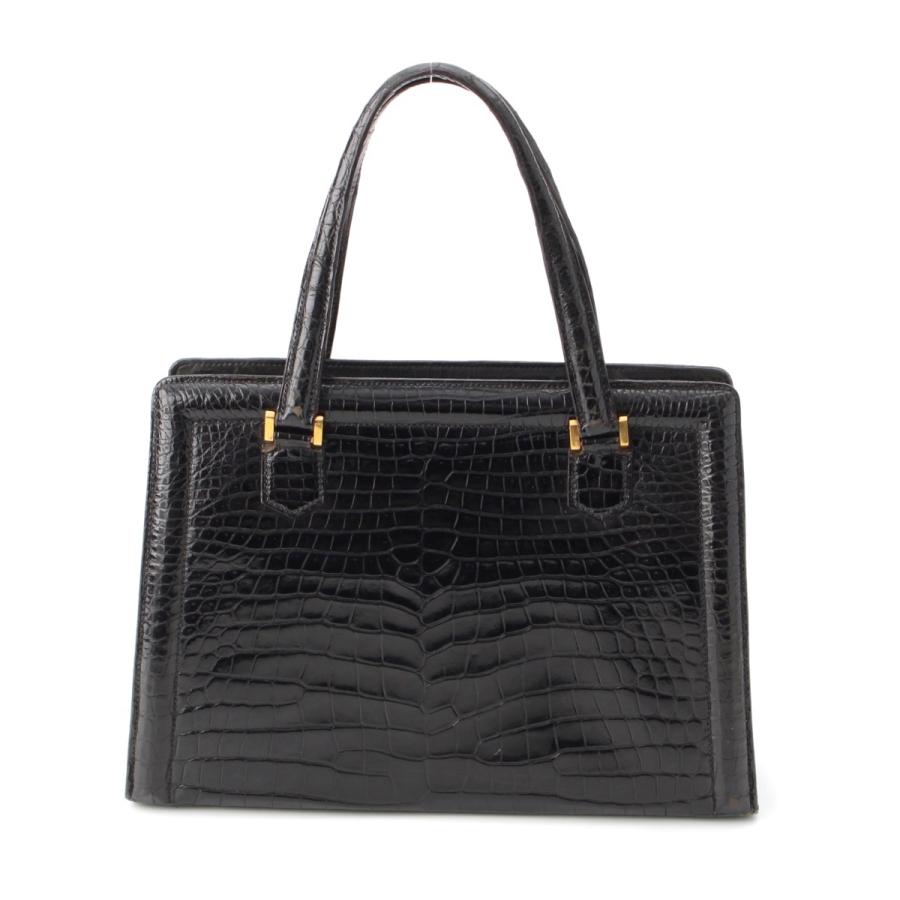 美品✨ハンドバッグ　クロコ　ブラック　ゴールド金具 HERMES エルメス クロコ ゴールド金具 ロック付き ハンドバッグ
