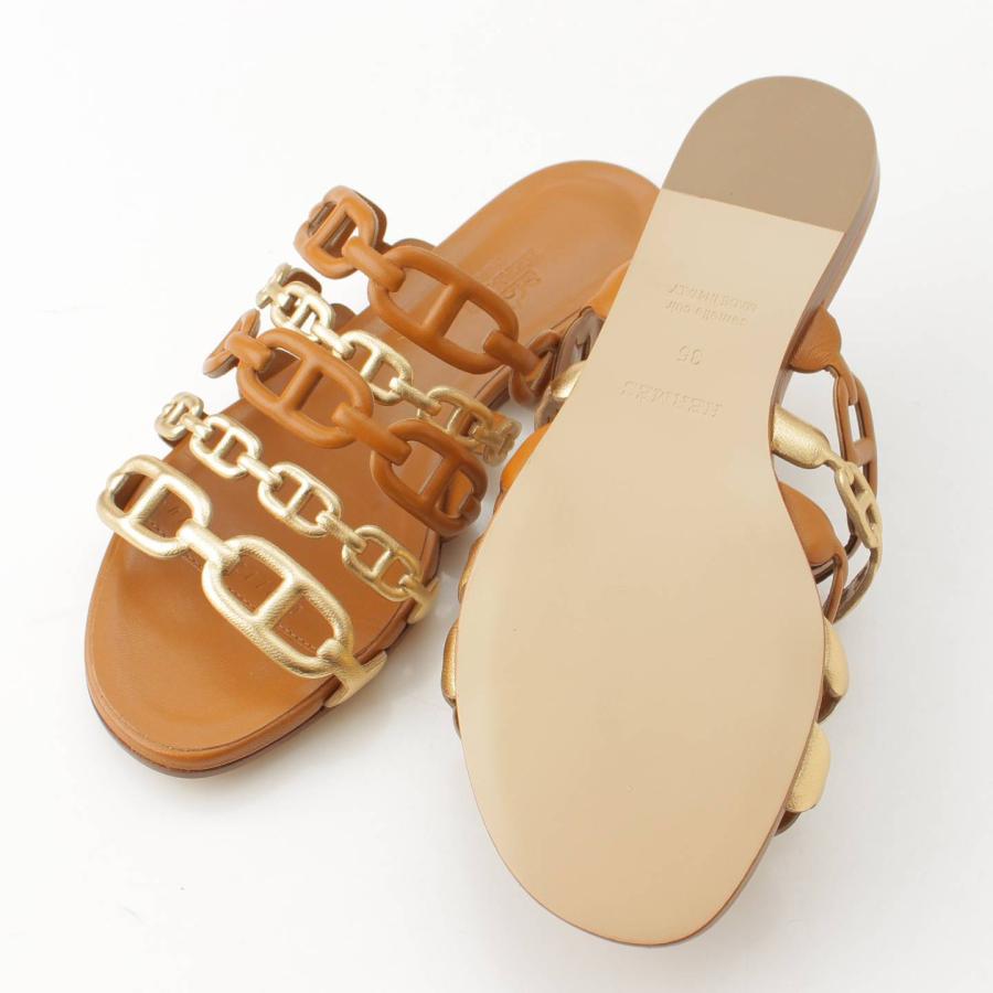 エルメス サンダル タラサ ブラック× ゴールド レザー シェーヌダンクル